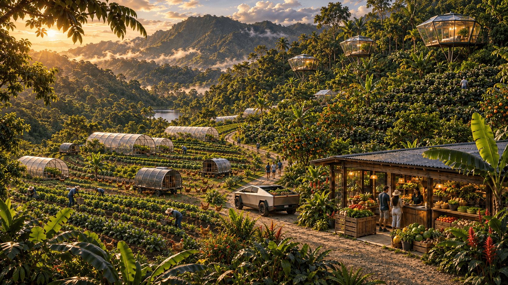 Illustration of a mountain farm with greenhouses, crops, and a farm stand